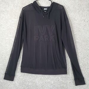 Ivy Park Womens Sheer Mesh Hoodie Medium Black‎ Logo Top Streetwear Layering